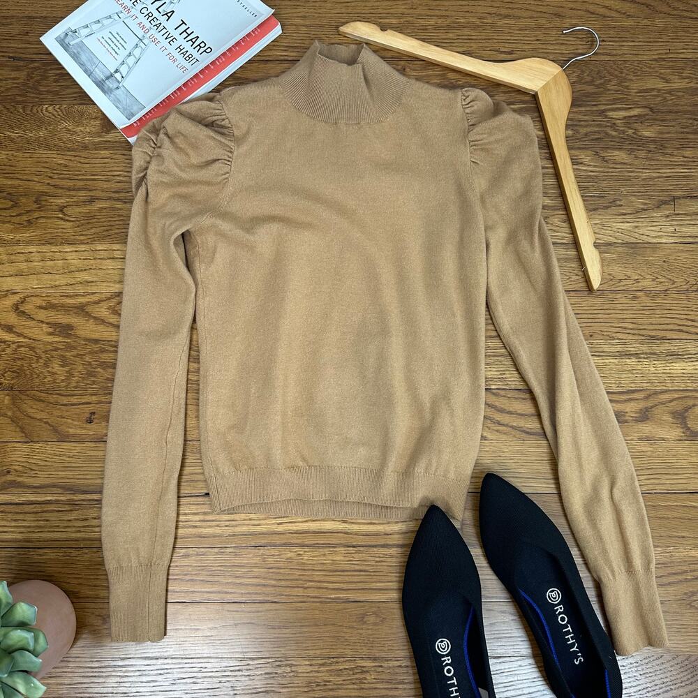 Express Tan Mock Neck Puff Shoulder Long Sleeve Sweater